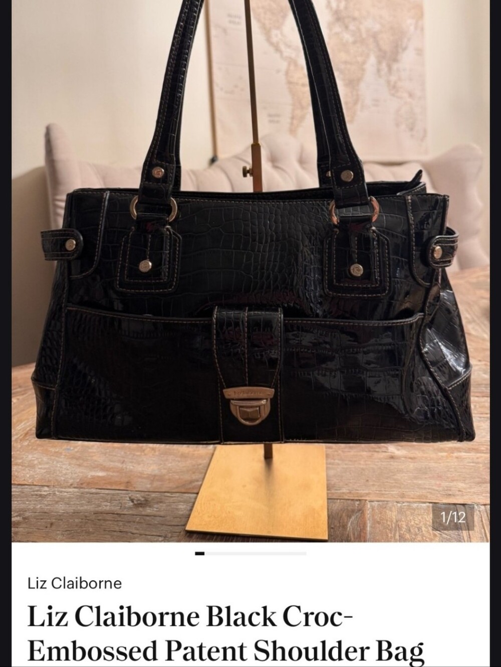 Liz Claiborne Black Croc-Embossed Patent Shoulder Tote